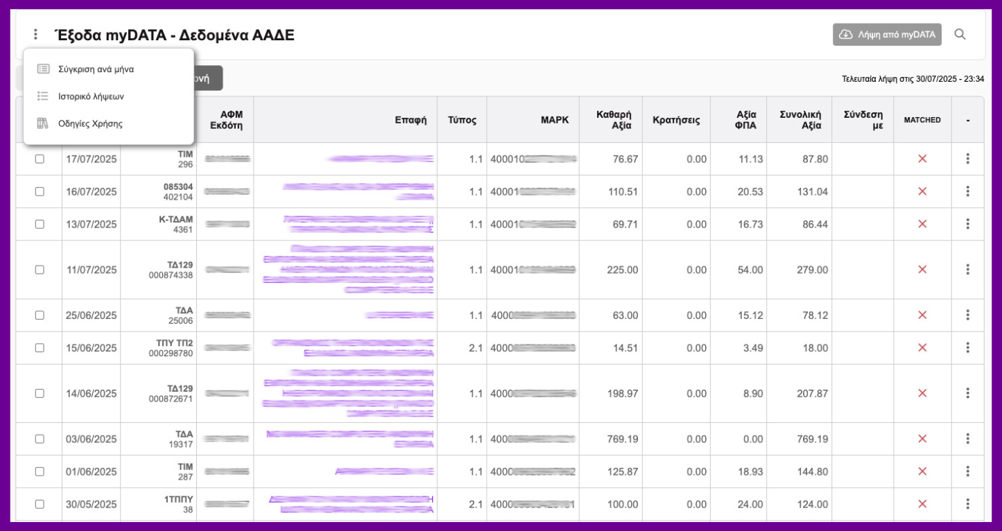 Άντληση εξόδων από την ΑΑΔΕ / myDATA